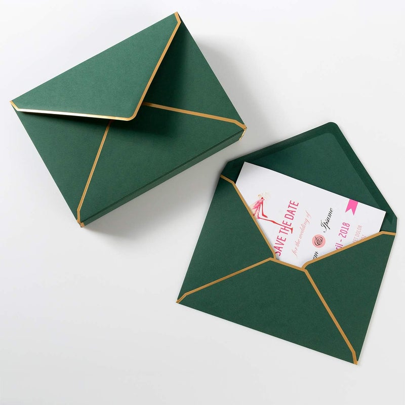Homtable 100 Pack A7 Envelopes 5 x 7 Card Envelopes V Flap with Gold Border for Office, Wedding Gift Cards, Invitations, Graduation, Baby Shower, Parties (5.32 x 7.28 Inches, Dark Green) - Image 4